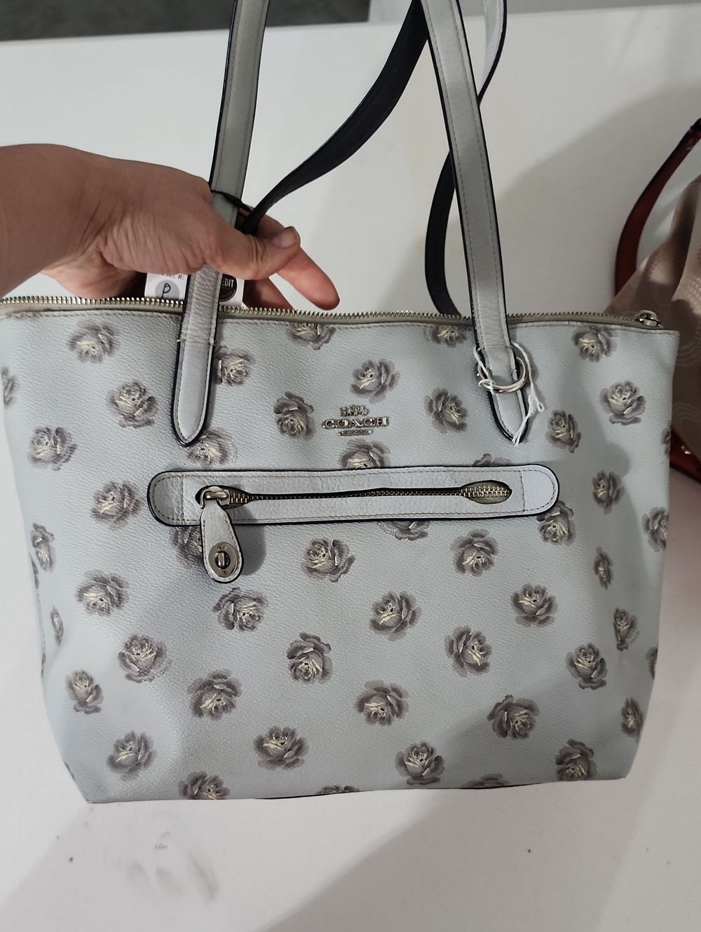 Coach Floral Embossed Leather Tote Bag in Light Gray